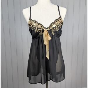 Cinema Etoile Retro Sheer Black Gold Tie Front Ribbon Babydoll Lingerie Cami M